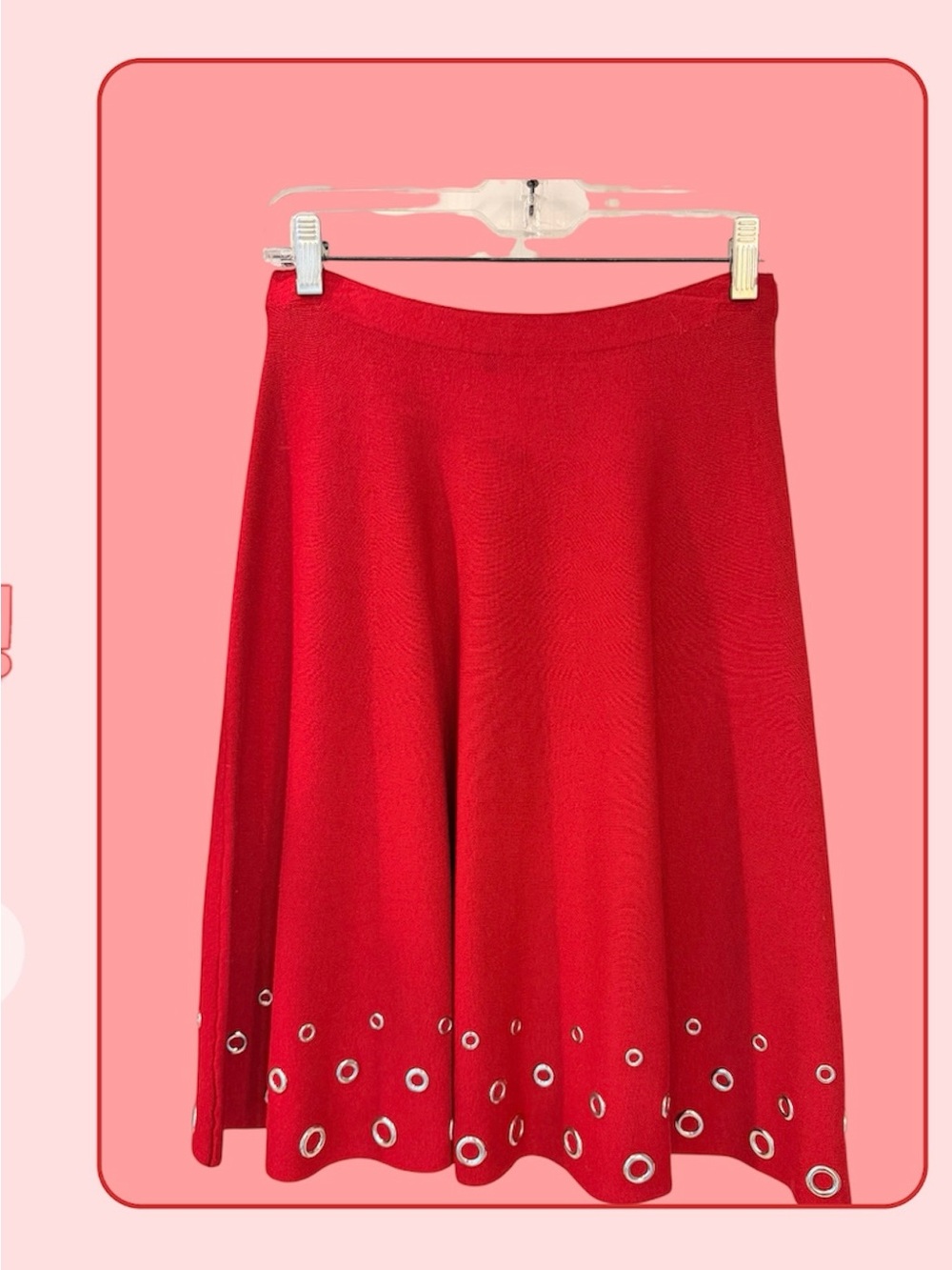 Sioni Red A-Line Swing Skirt with Silver Metal Eyelet Detail, Stretch, Sz Med